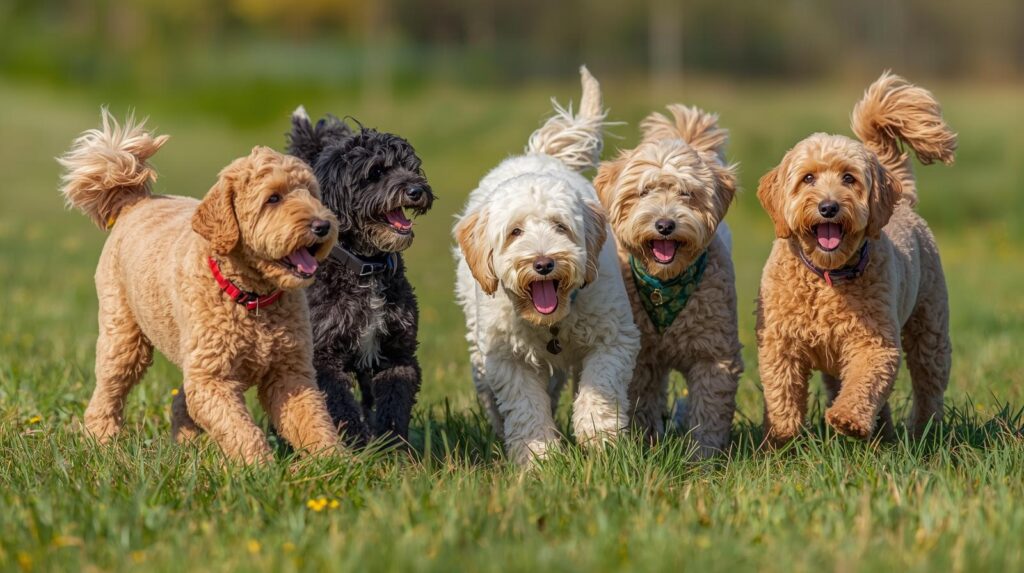 A group of doodle dogs running in the park
